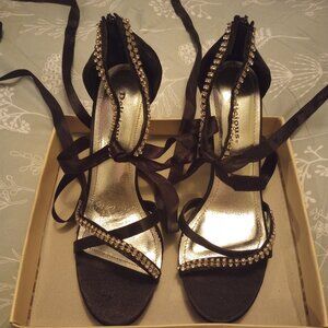 Delicious blk satin rhinestone heels, ribbon ankle ties attached! New